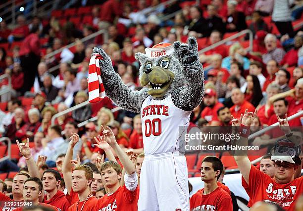 Mr. Wuf leads North Carolina State Wolfpack fans in a cheer against the Georgia Tech Yellow Jackets during play at PNC Arena on January 9, 2013 in...