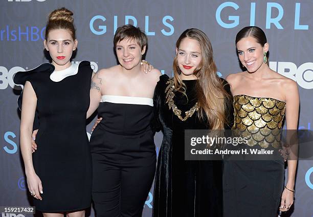 Zosia Mamet, Lena Dunham, Jemima Kirke and Allison Williams attend the Premiere Of "Girls" Season 2 Hosted By HBO at NYU Skirball Center on January...