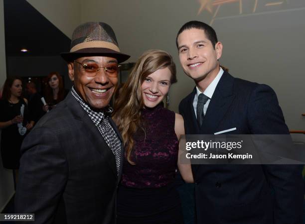 Actors Giancarlo Esposito, Tracy Spiridakos, and JD Pardo pose backstage at the 39th Annual People's Choice Awards at Nokia Theatre L.A. Live on...