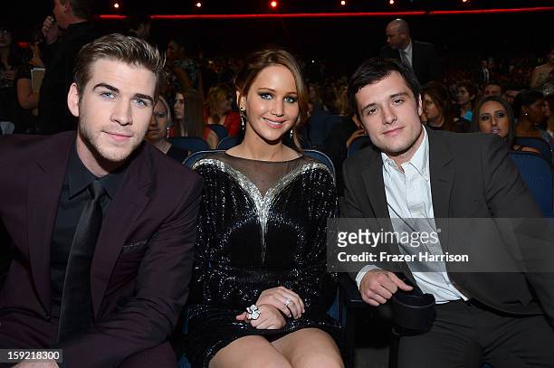 Actors Liam Hemsworth, Jennifer Lawrence and Josh Hutcherson attend the 39th Annual People's Choice Awards at Nokia Theatre L.A. Live on January 9,...