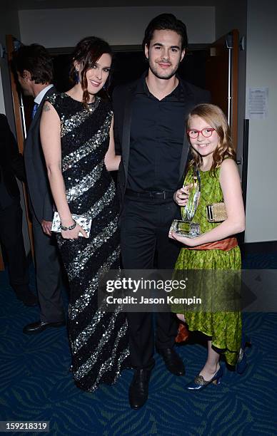 Actors Rumer Willis, Jayson Blair and Bebe Wood pose backstage at the 39th Annual People's Choice Awards at Nokia Theatre L.A. Live on January 9,...