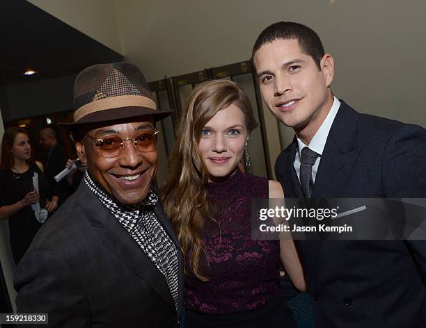 Actors Giancarlo Esposito, Tracy Spiridakos, and JD Pardo pose backstage at the 39th Annual People's Choice Awards at Nokia Theatre L.A. Live on...