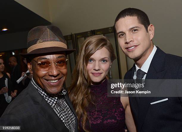 Actors Giancarlo Esposito, Tracy Spiridakos, and JD Pardo pose backstage at the 39th Annual People's Choice Awards at Nokia Theatre L.A. Live on...