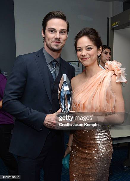 Actors Jay Ryan and Kristin Kreuk pose backstage at the 39th Annual People's Choice Awards at Nokia Theatre L.A. Live on January 9, 2013 in Los...