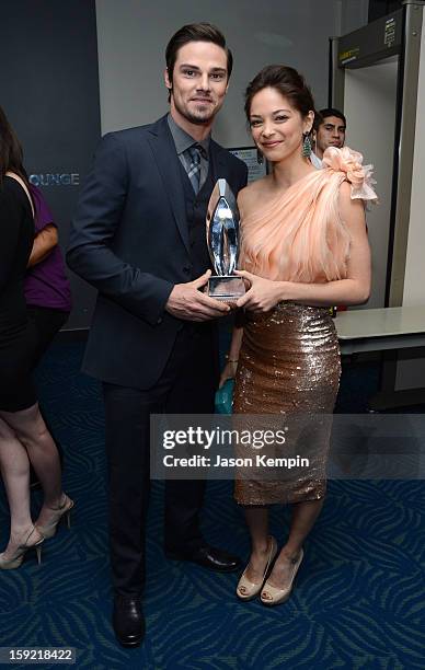 Actors Jay Ryan and Kristin Kreuk pose backstage at the 39th Annual People's Choice Awards at Nokia Theatre L.A. Live on January 9, 2013 in Los...