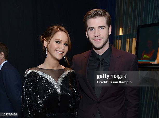 Actress Jennifer Lawrence and actor Liam Hemsworth pose backstage at the 39th Annual People's Choice Awards at Nokia Theatre L.A. Live on January 9,...