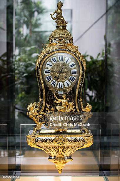 Boulle Marquetry Cartel clock is seen on display January 9, 2013 at Marina Bay Sands in Singapore. To commemorate the Year of The Dragon,the...