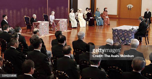 Emperor Akihito , Empress Michiko and members of royal family attend 'Kosho Hajime no gi' or first lecture of the year ceremony, at the Imperial...