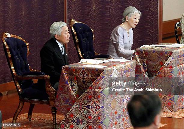 Emperor Akihito , Empress Michiko attend 'Kosho Hajime no gi' or first lecture of the year ceremony, at the Imperial Palace on January 10, 2013 in...
