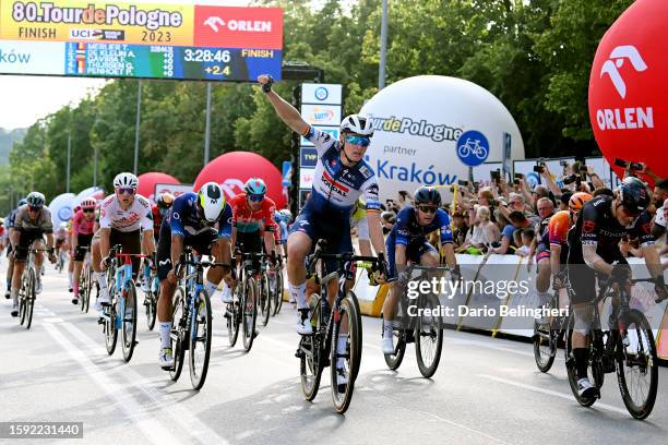 Tim Merlier of Belgium and Team Soudal - Quick Step celebrates at finish line as stage winner during the 80th Tour de Pologne 2023, Stage 7 a 166.6km...