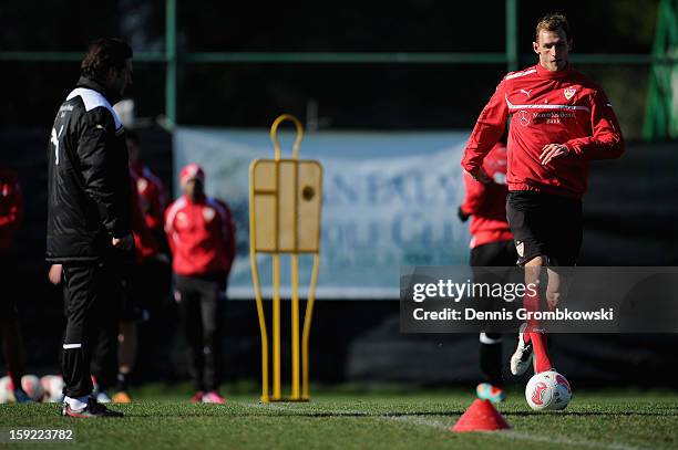 Georg Niedermeier of Stuttgart practices during a training session at day seven of the Vfb Stuttgart Training Camp on January 10, 2013 in Belek,...