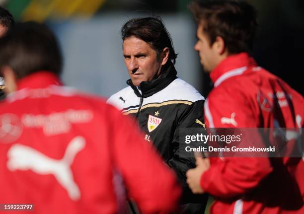 Head coach Bruno Labbadia of Stuttgart reacts during a training session at day seven of the Vfb Stuttgart Training Camp on January 10, 2013 in Belek,...