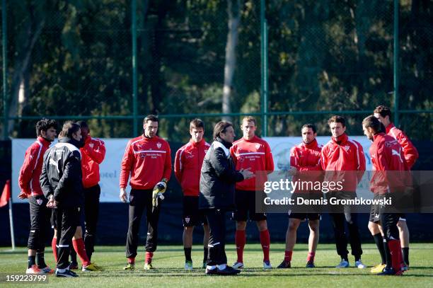 Head coach Bruno Labbadia of Stuttgart reacts during a training session at day seven of the Vfb Stuttgart Training Camp on January 10, 2013 in Belek,...