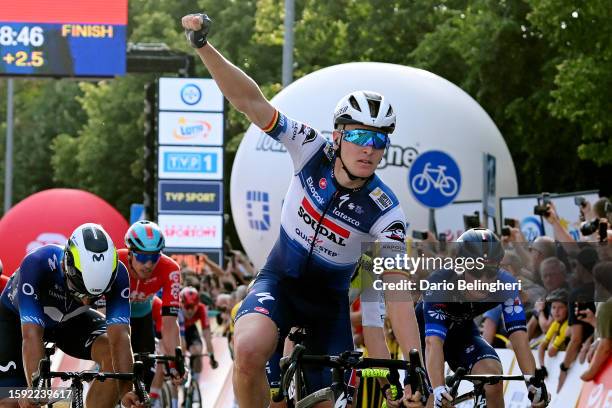 Tim Merlier of Belgium and Team Soudal - Quick Step celebrates at finish line as stage winner during the 80th Tour de Pologne 2023, Stage 7 a 166.6km...