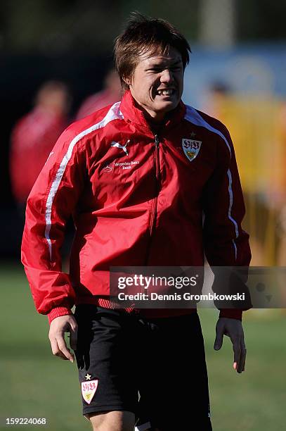 Gotoku Sakai of Stuttgart practices during a training session at day seven of the Vfb Stuttgart Training Camp on January 10, 2013 in Belek, Turkey.