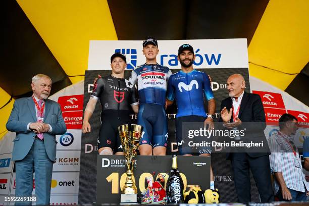 Arvid De Kleijn of The Netherlands and Tudor Pro Cycling Team on second place, race winner Tim Merlier of Belgium and Team Soudal - Quick Step and...