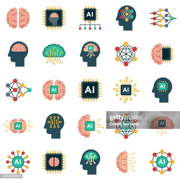 artificial intelligence ai icon set - artificial neural network stock illustrations