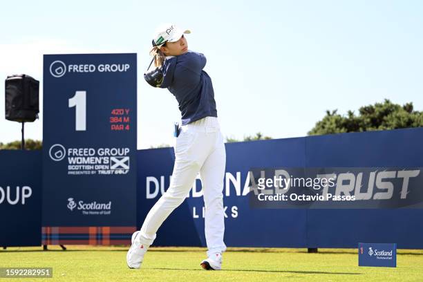 Hinako Shibuno of Japan plays her shot from the first tee during the second round of the FREED GROUP Women's Scottish Open presented by Trust Golf at...