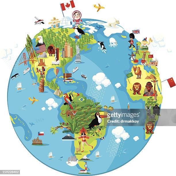 cartoon map of world (america) - large group of animals stock illustrations