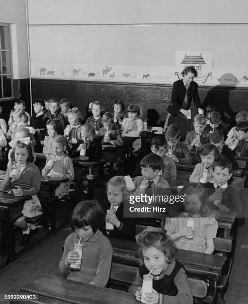 School children seated at their desks enjoying their milk ration at Amstrong Public Elementary School in Armagh, County Armagh, Northern Ireland,...