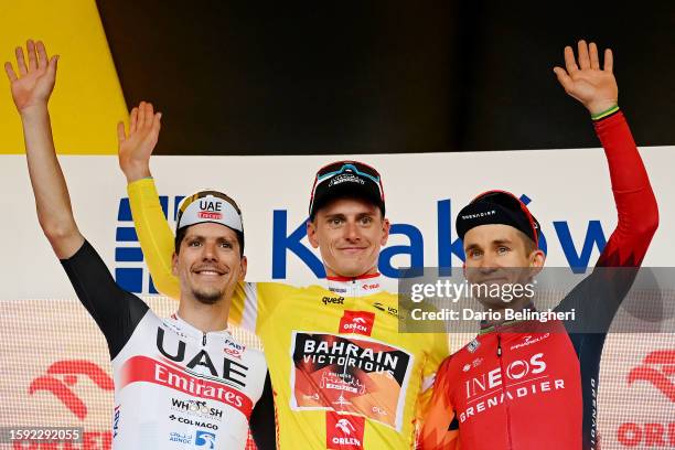 João Almeida of Portugal and UAE Team Emirates on second place, race winner Matej Mohorič of Slovenia and Team Bahrain - Victorious - Yellow leader...
