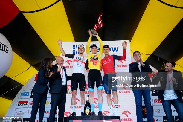 João Almeida of Portugal and UAE Team Emirates on second place, race winner Matej Mohorič of Slovenia and Team Bahrain - Victorious - Yellow leader...