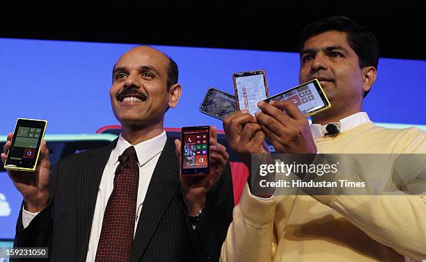 Balaji Nokia India MD and Vice president with Vipul Mehrotra, Director & Head - Smartphone Devices, Nokia India at the launch of its Lumia 620 Smart...