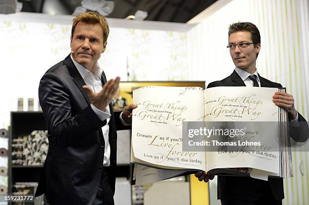 Entertainer and Singer Dieter Bohlen presents his wallpaper collection "Dieter Bohlen - it's different" at the fair "Heimtextil 2013" on January 10,...