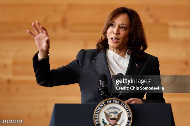 Vice President Kamala Harris delivers remarks while visiting Sycamore & Oak, a minority-owned retail village that houses other local small...