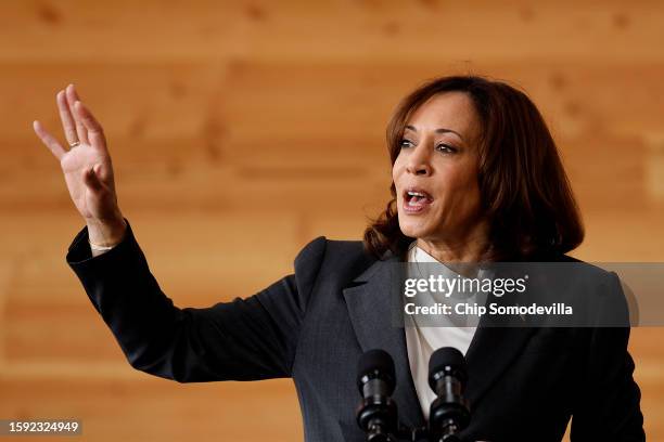 Vice President Kamala Harris delivers remarks while visiting Sycamore & Oak, a minority-owned retail village that houses other local small...