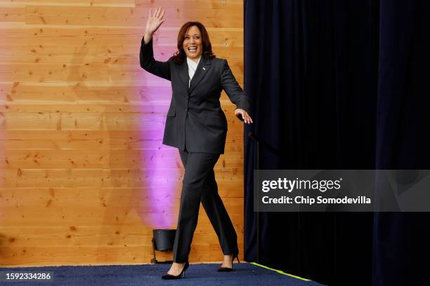 Vice President Kamala Harris takes the stage during an event at Sycamore & Oak, a minority-owned retail village that houses other local small...