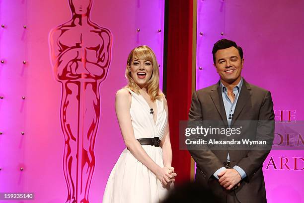 Emma Stone and Seth MacFarlane at The 85th Academy Awards - Nominations Announcement held at The AMPAS Samuel Goldwyn Theater on January 10, 2013 in...