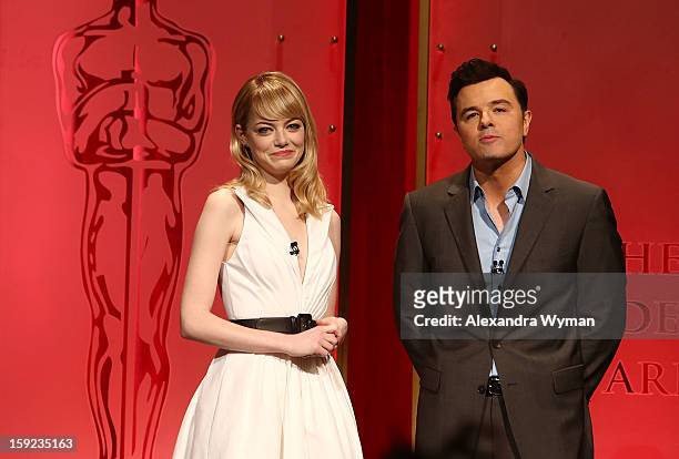 Emma Stone and Seth MacFarlane at The 85th Academy Awards - Nominations Announcement held at The AMPAS Samuel Goldwyn Theater on January 10, 2013 in...