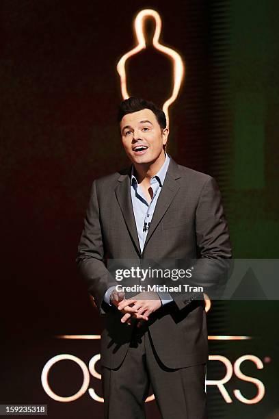 Seth MacFarlane speaks at the 85th Academy Awards nominations announcement held at AMPAS Samuel Goldwyn Theater on January 10, 2013 in Beverly Hills,...