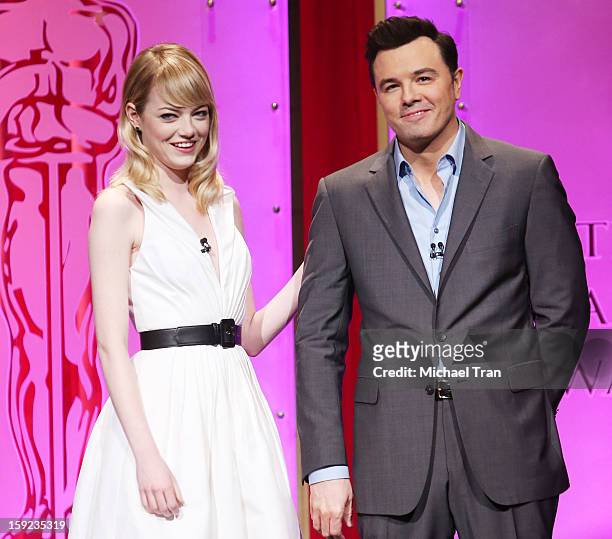 Emma Stone and Seth MacFarlane speak at the 85th Academy Awards nominations announcement held at AMPAS Samuel Goldwyn Theater on January 10, 2013 in...