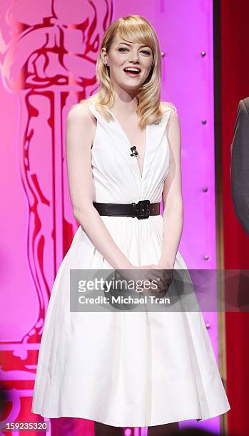 Emma Stone speaks at the 85th Academy Awards nominations announcement held at AMPAS Samuel Goldwyn Theater on January 10, 2013 in Beverly Hills,...
