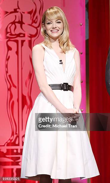Emma Stone speaks at the 85th Academy Awards nominations announcement held at AMPAS Samuel Goldwyn Theater on January 10, 2013 in Beverly Hills,...