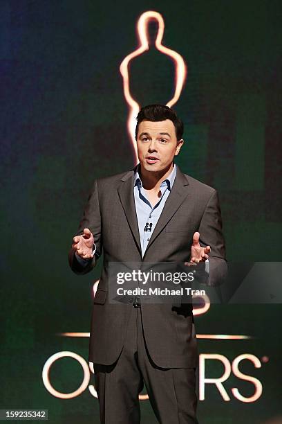 Seth MacFarlane speaks at the 85th Academy Awards nominations announcement held at AMPAS Samuel Goldwyn Theater on January 10, 2013 in Beverly Hills,...