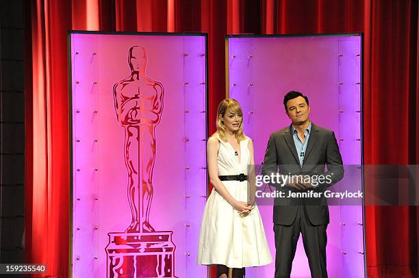 Actors Emma Stone and Seth MacFarlane on stage during the 85th Academy Awards Nominations Announcement held at AMPAS Samuel Goldwyn Theater on...