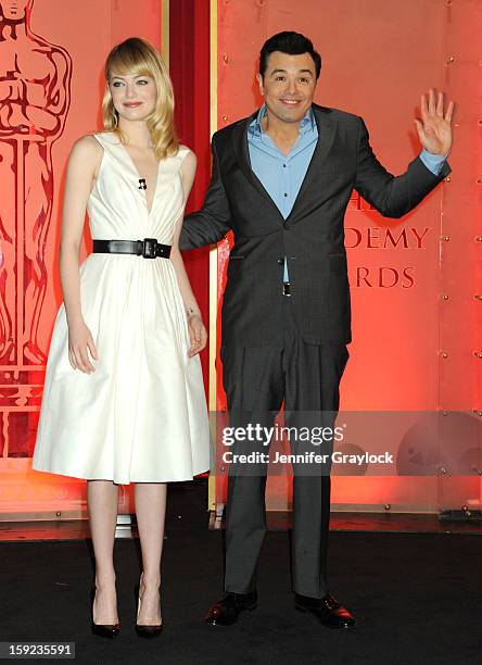 Actors Emma Stone and Seth MacFarlane on stage during the 85th Academy Awards Nominations Announcement held at AMPAS Samuel Goldwyn Theater on...