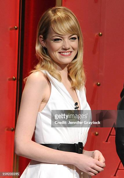 Actor Emma Stone on stage during the 85th Academy Awards Nominations Announcement held at AMPAS Samuel Goldwyn Theater on January 10, 2013 in Beverly...