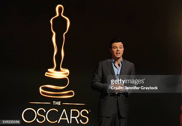 Actor Seth MacFarlane on stage during the 85th Academy Awards Nominations Announcement held at AMPAS Samuel Goldwyn Theater on January 10, 2013 in...