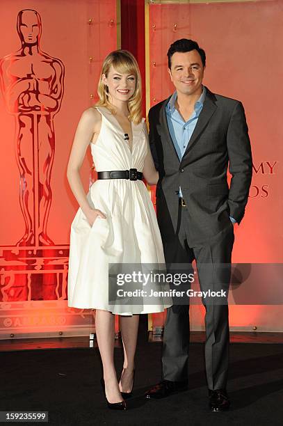 Actors Emma Stone and Seth MacFarlane on stage during the 85th Academy Awards Nominations Announcement held at AMPAS Samuel Goldwyn Theater on...