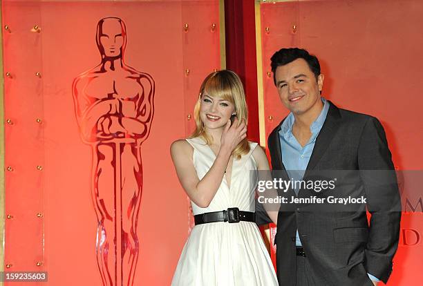 Actors Emma Stone and Seth MacFarlane on stage during the 85th Academy Awards Nominations Announcement held at AMPAS Samuel Goldwyn Theater on...