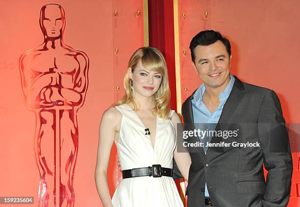 Actors Emma Stone and Seth MacFarlane on stage during the 85th Academy Awards Nominations Announcement held at AMPAS Samuel Goldwyn Theater on...