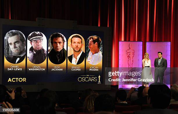 Actors Emma Stone and Seth MacFarlane announce Best Actor nominees on stage during the 85th Academy Awards Nominations Announcement held at AMPAS...