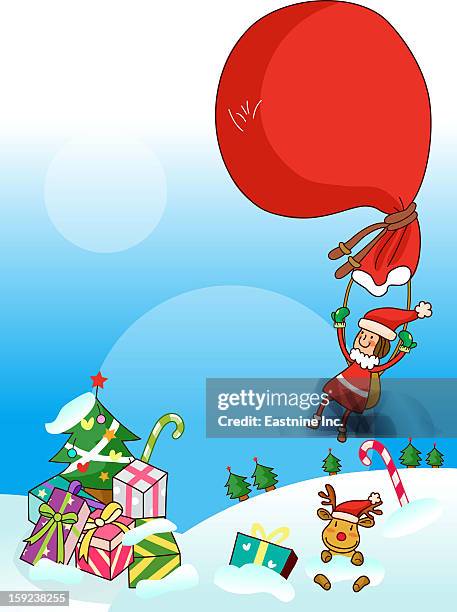 girl in a santa costume flying with a gift bag - landing touching down stock illustrations