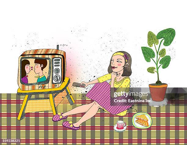 funny girls - happy children watching tv stock illustrations