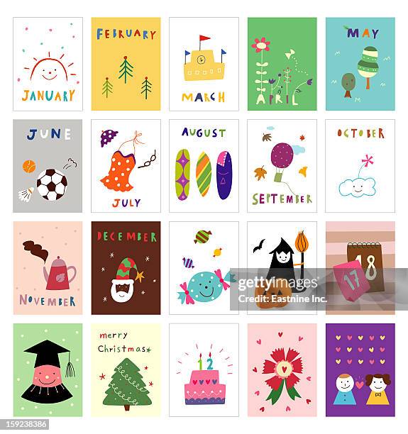 ilustraciones, imágenes clip art, dibujos animados e iconos de stock de various calendar postcard - amigos surferos