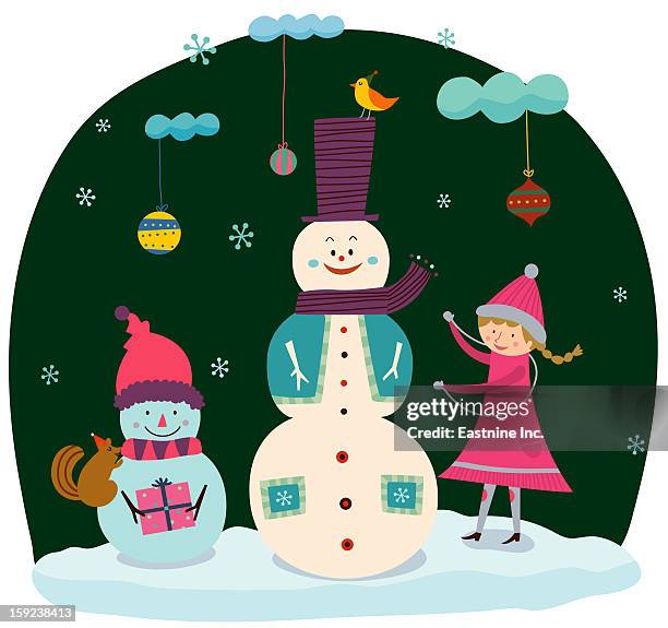 snowman and girl - body warmer stock illustrations